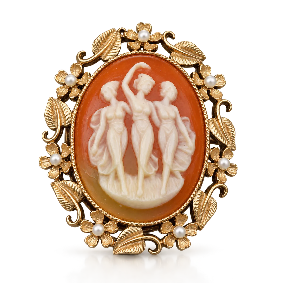Pendente con cammeo delle Tre Grazie, in oro giallo e perle.